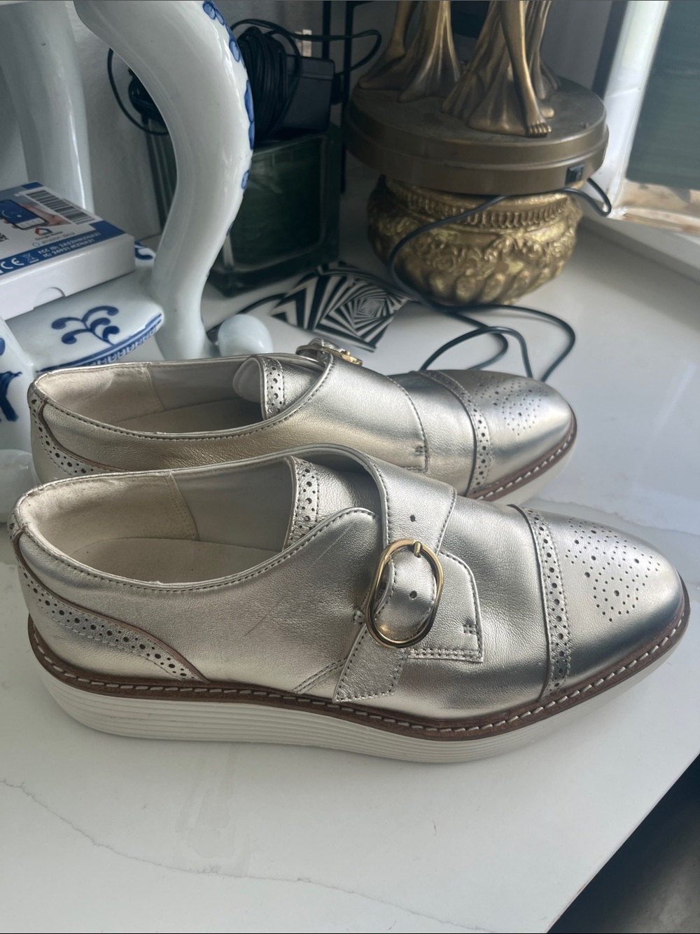 Cole Haan Metallic Silver Buckle Platform Loafers